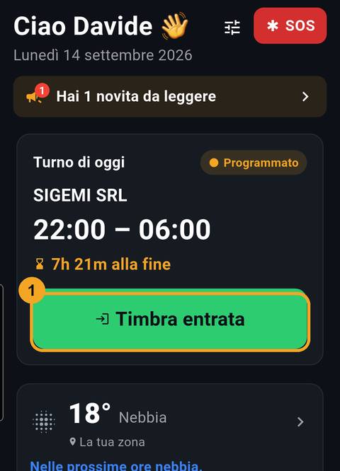 Schermata dell'app per il passo: Timbrare entrata e uscita